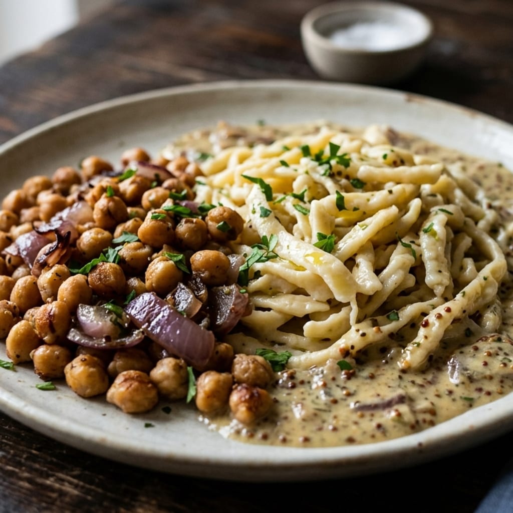 Serpenyős csicseriborsó – durum tészta, vöröshagyma