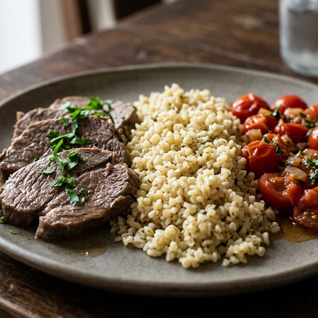 Párolt sovány marhahús – bulgur, paradicsom