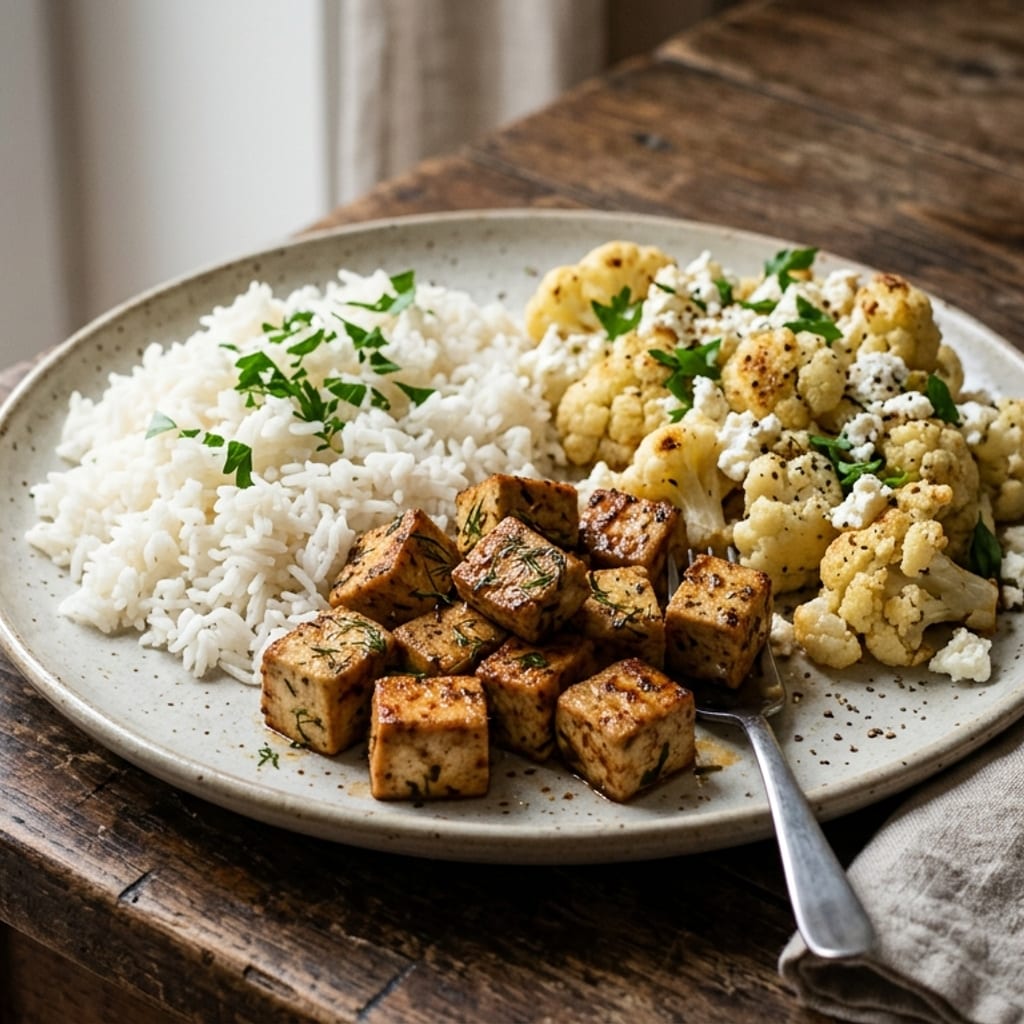Párolt tofu – jázmin rizs, karfiol