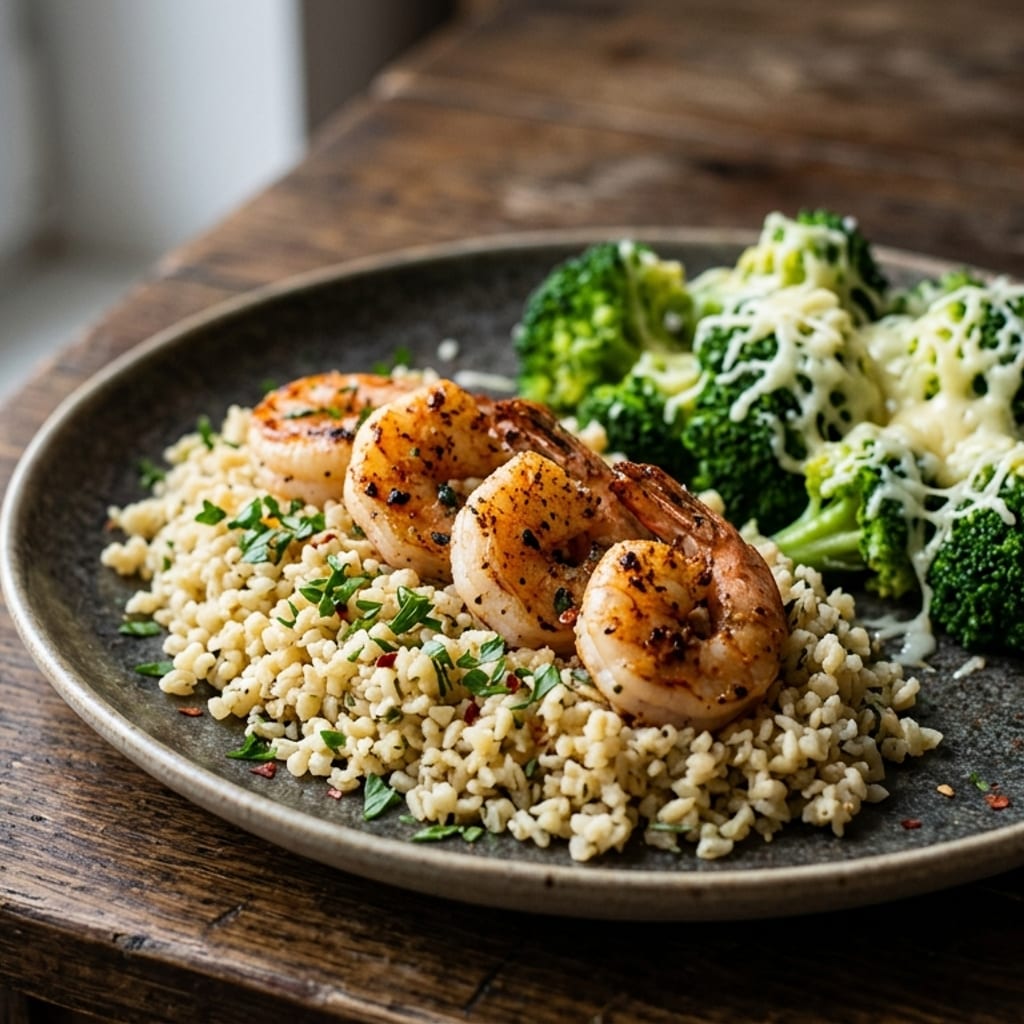 Roston sült garnélarák – bulgur, brokkoli